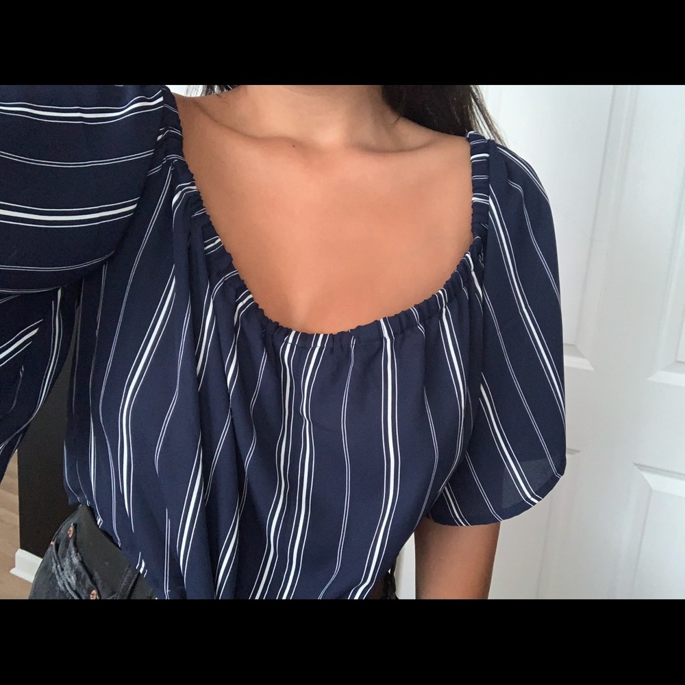 Navy Blue and white stripes off the shoulder top